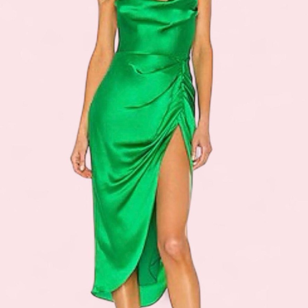 Amanda Uprichard Pomona Green Satin Ruched Midi Dress — Size M